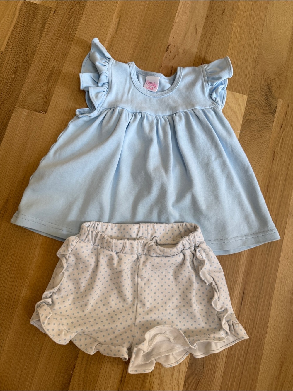 Girls Light Blue Ruffle-Sleeve Top and White Polka Dot Shorts Set